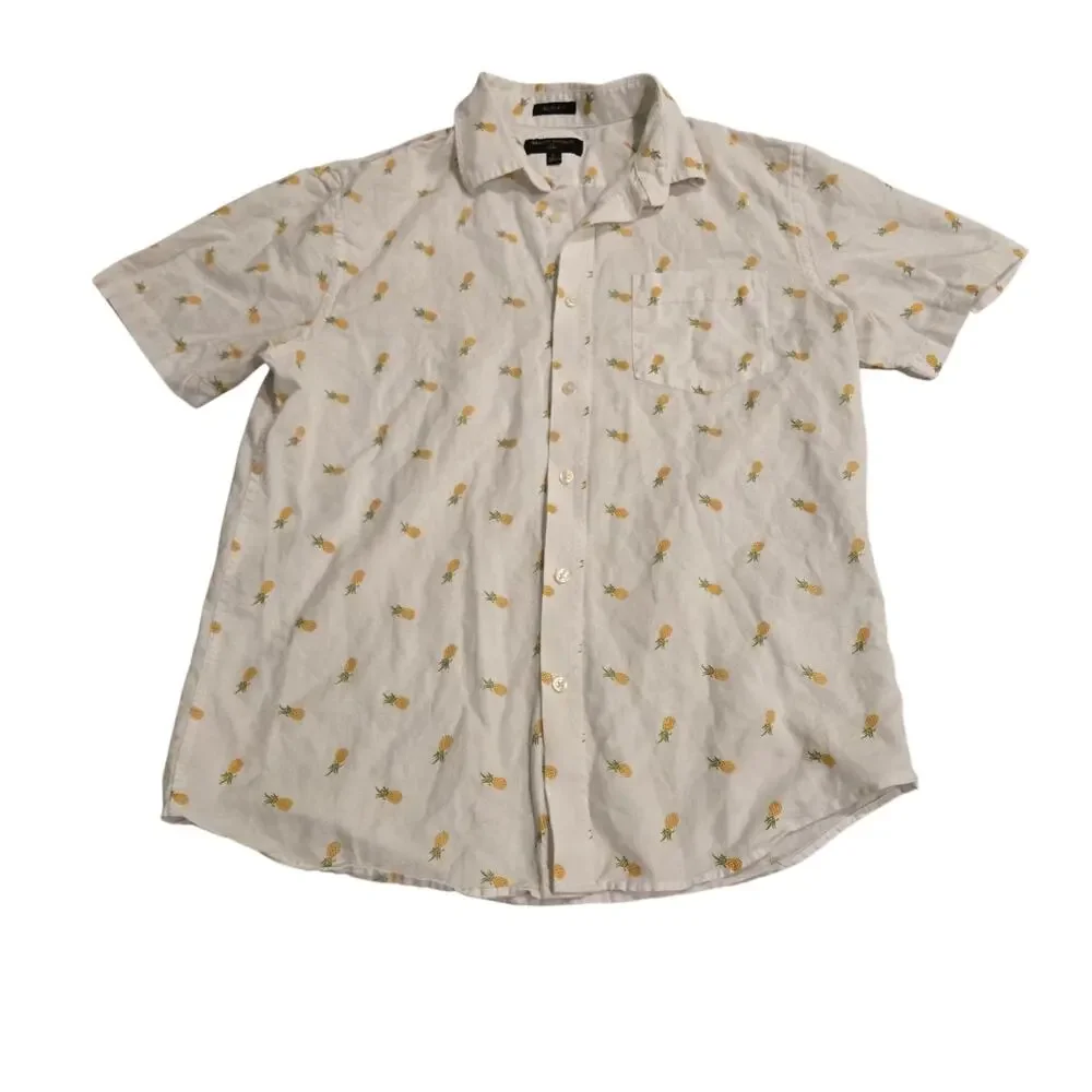 Banana Republic White Pineapple Linen Blend Slim Fit Short Sleeve Shirt Men L